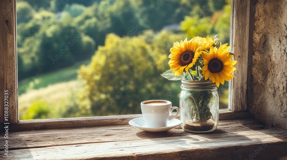 Fototapeta premium Serene countryside view from a rustic home window showcasing a cup of coffee and a sunflower bouquet in a jar with lush greenery in the background.