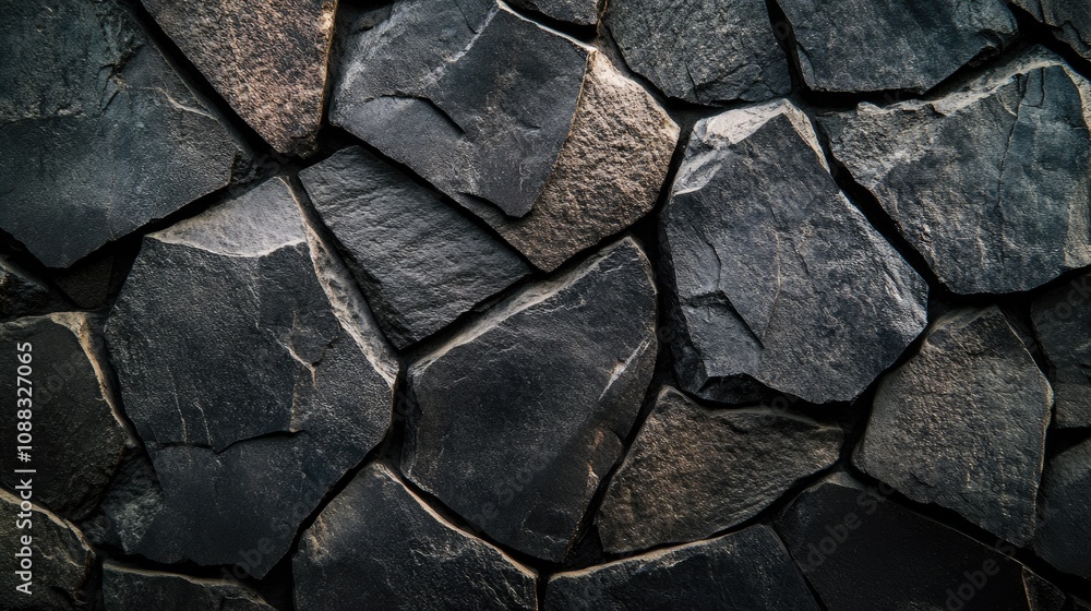 Abstract dark stone wall featuring an uneven texture with various sizes and shapes of stones, creating a rugged and visually striking background in deep shades of gray and black. Abstract dark stone wall featuring an uneven texture with various sizes and shapes of stones, creating a rugged and visually striking background in deep shades of gray and black.