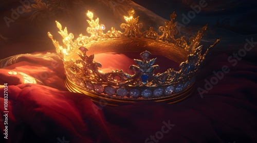 Resplendent Gilded Crown Resting on Crimson Velvet Pillow Conveying Majestic Regality