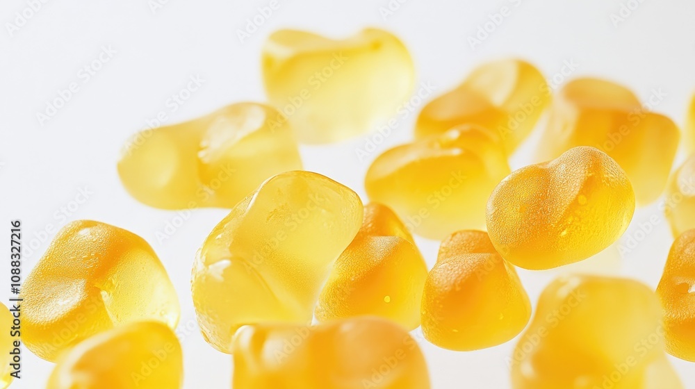 Vibrant yellow gummy bears with a glossy, jiggly texture scattered artistically on a bright white background, showcasing their playful form and colorful appeal. Vibrant yellow gummy bears with a glossy, jiggly texture scattered artistically on a bright white background, showcasing their playful form and colorful appeal.