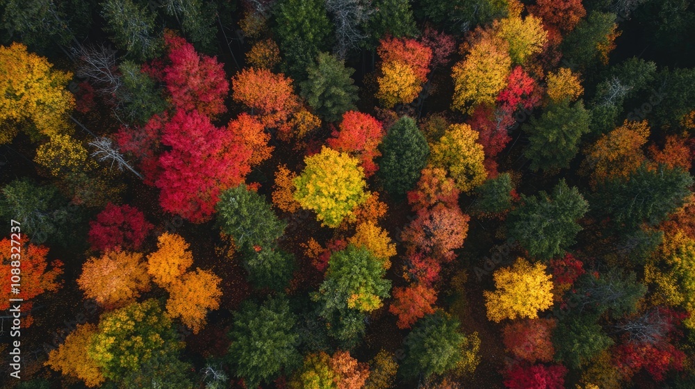 Vibrant aerial view of a dense forest in autumn, featuring a stunning mix of colorful leaves in shades of red, orange, and yellow. Vibrant aerial view of a dense forest in autumn, featuring a stunning mix of colorful leaves in shades of red, orange, and yellow.