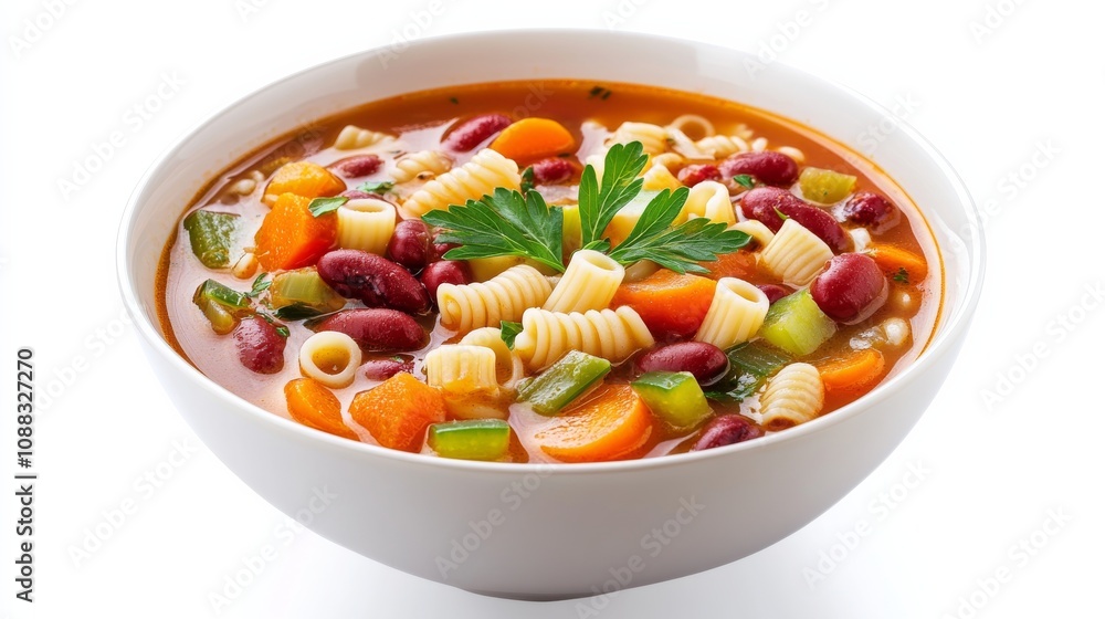 A bowl of hearty minestrone soup with pasta, beans, carrots A bowl of hearty minestrone soup with pasta, beans, carrots