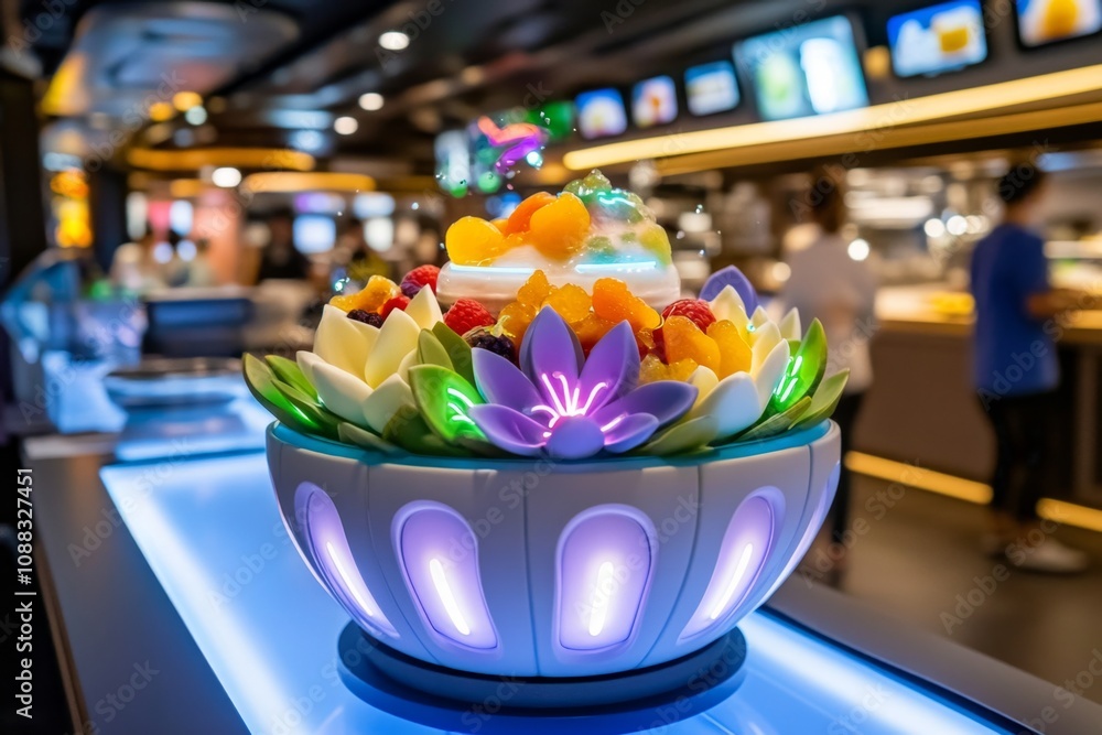 High-tech yogurt bowl with floating fruit toppings and neon lights, set in a futuristic kitchen High-tech yogurt bowl with floating fruit toppings and neon lights, set in a futuristic kitchen