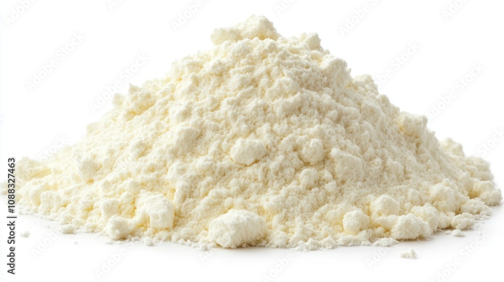 Aerial view of a mound of fine, white powdered milk arranged in a soft, textured heap on a plain background. Aerial view of a mound of fine, white powdered milk arranged in a soft, textured heap on a plain background.