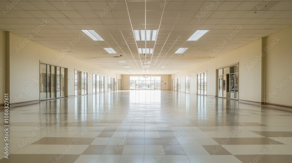 Expansive empty shopping mall interior with bright ceiling lights and clean walls, perfect for design presentations or promotional displays. Expansive empty shopping mall interior with bright ceiling lights and clean walls, perfect for design presentations or promotional displays.