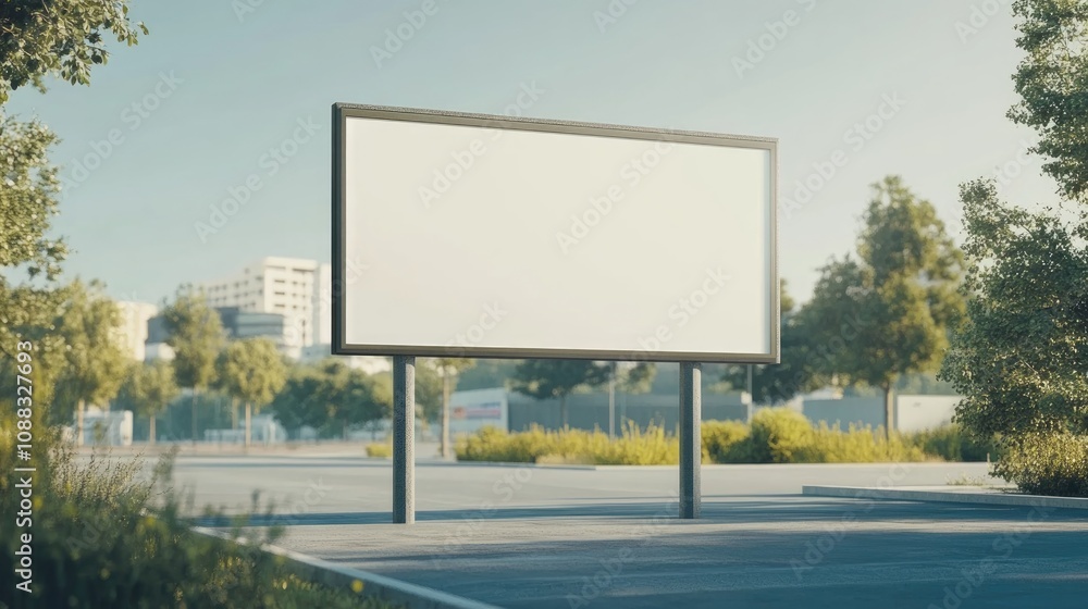 Empty outdoor billboard mockup with a clear sky backdrop, surrounded by greenery, ideal for advertising or public information display. Empty outdoor billboard mockup with a clear sky backdrop, surrounded by greenery, ideal for advertising or public information display.