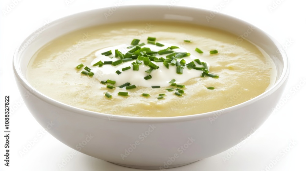 A bowl of hearty potato leek soup garnished with chives and a drizzle of cream, Each spoonful filled with rich and comforting flavors A bowl of hearty potato leek soup garnished with chives and a drizzle of cream, Each spoonful filled with rich and comforting flavors