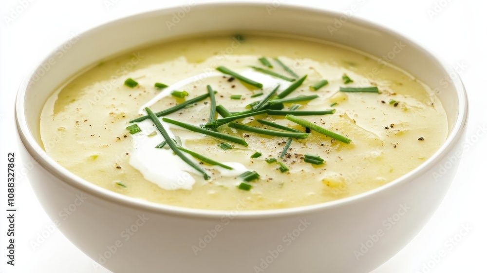 A bowl of hearty potato leek soup garnished with chives and a drizzle of cream, Each spoonful filled with rich and comforting flavors A bowl of hearty potato leek soup garnished with chives and a drizzle of cream, Each spoonful filled with rich and comforting flavors