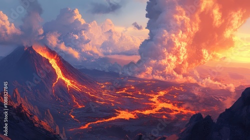 Dramatic volcanic landscape showcasing flowing lava and molten magma, with dense smoke rising from the crater beneath a dynamic, cloudy sky.