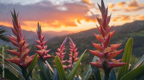 Billbergia flower clusters with vibrant pink hues against a blurred sunset, showcasing the beauty of tropical nature and serene landscapes. photo