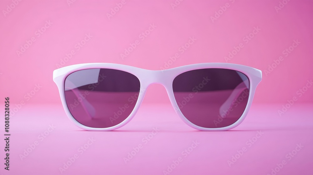 Sleek white sunglasses with tinted lenses displayed against a vibrant pink background, highlighting a stylish and modern mockup perfect for branding and design concepts. Sleek white sunglasses with tinted lenses displayed against a vibrant pink background, highlighting a stylish and modern mockup perfect for branding and design concepts.