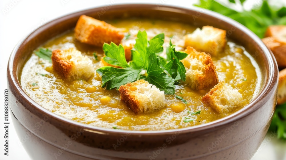 A bowl of hearty split pea soup garnished with croutons and fresh parsley, Each spoonful filled with rich and comforting flavors, Classic warming meal highlighted against an isolated white background 