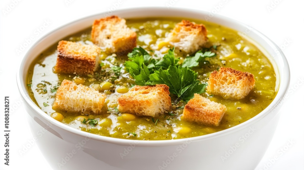 A bowl of hearty split pea soup garnished with croutons and fresh parsley, Each spoonful filled with rich and comforting flavors, Classic warming meal highlighted against an isolated white background A bowl of hearty split pea soup garnished with croutons and fresh parsley, Each spoonful filled with rich and comforting flavors, Classic warming meal highlighted against an isolated white background