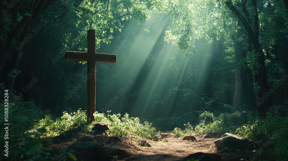 Wooden cross surrounded by vibrant greenery in a serene forest, bathed in soft sunlight streaming through the trees, creating a peaceful atmosphere. Wooden cross surrounded by vibrant greenery in a serene forest, bathed in soft sunlight streaming through the trees, creating a peaceful atmosphere.