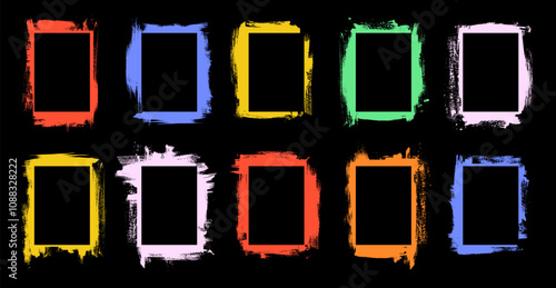 Distressed edge brush painted overlay frames. Vector colorful hand-drawn childish frame backgrounds. Poster template set. Old picture overlay collection. Brush painted borders. Bright color collage bg