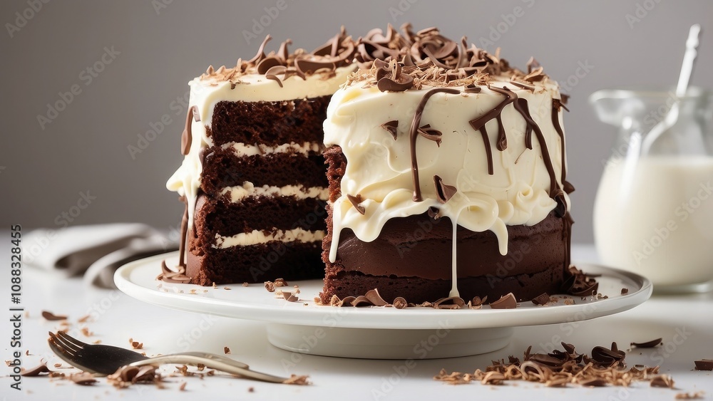 On a white background, a partially consumed chocolate cake with cream frosting and chocolate shavings makes for a On a white background, a partially consumed chocolate cake with cream frosting and chocolate shavings makes for a