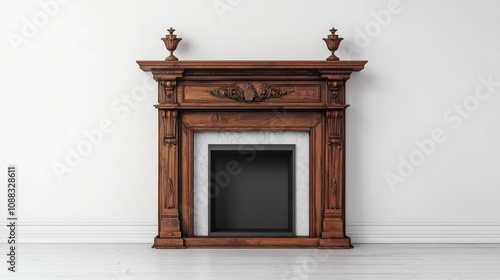 Elegant Victorian wooden fireplace surround featuring intricate carvings and decorative finials against a minimalist white wall backdrop. photo