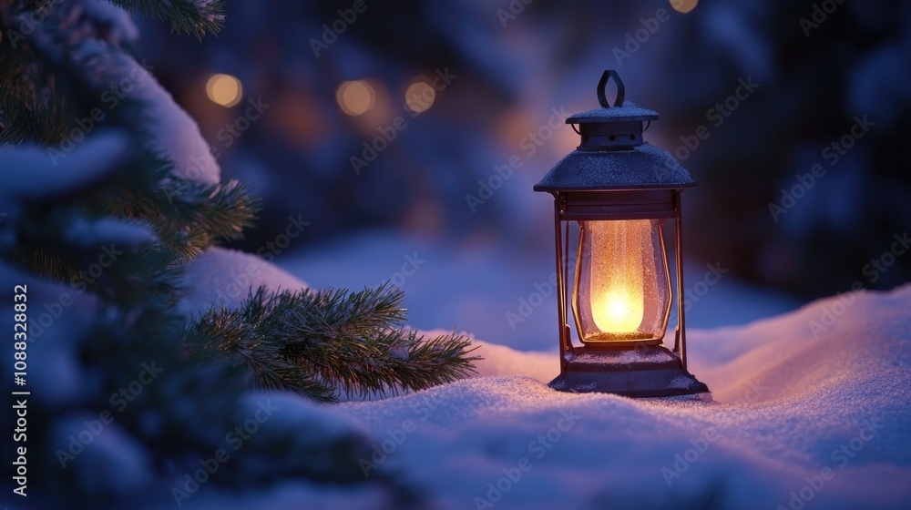 Warmly glowing lantern resting on fluffy snow, surrounded by a fir branch, creating a serene evening winter atmosphere with soft lighting. Warmly glowing lantern resting on fluffy snow, surrounded by a fir branch, creating a serene evening winter atmosphere with soft lighting.