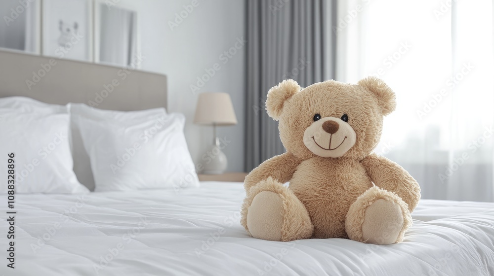 Soft teddy bear plush toy sitting on a neatly made bed in a modern, airy bedroom with soft lighting and minimalist decor, creating a cozy and inviting atmosphere. Soft teddy bear plush toy sitting on a neatly made bed in a modern, airy bedroom with soft lighting and minimalist decor, creating a cozy and inviting atmosphere.