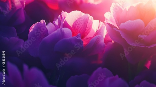 Close-up of radiant purple and pink flower petals softly illuminated, showcasing delicate textures and vibrant colors in a dreamy light setting.