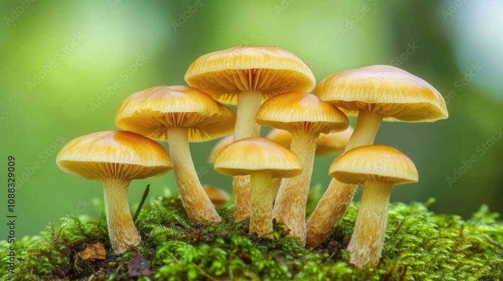 Lush close-up of vibrant yellow mushrooms clustered on a rich green moss backdrop, capturing the essence of a tranquil forest ecosystem. Lush close-up of vibrant yellow mushrooms clustered on a rich green moss backdrop, capturing the essence of a tranquil forest ecosystem.