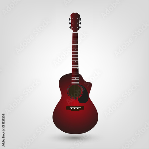 A Red vector acoustical guitar wooden icon on white background, with six strings on it. a musical guitar symbol in red color is used for singer, musical brand, stages.