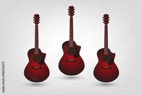 Set Red vector acoustical guitar wooden icon on white background, with six strings on it. Group of musical guitar symbol in red color