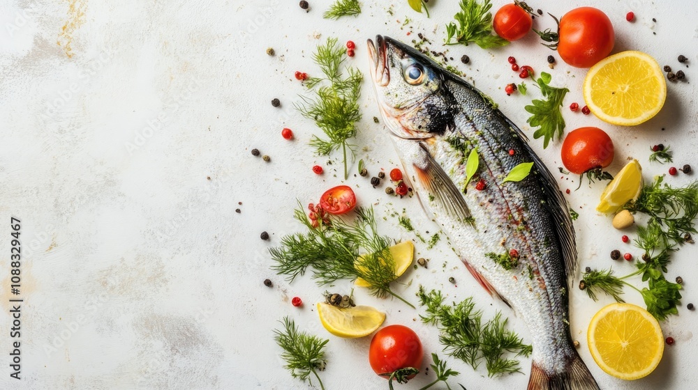 Freshly Caught Fish Surrounded by Fresh Herbs, Cherry Tomatoes, Lemon Slices, and Spices on a Light Background Freshly Caught Fish Surrounded by Fresh Herbs, Cherry Tomatoes, Lemon Slices, and Spices on a Light Background