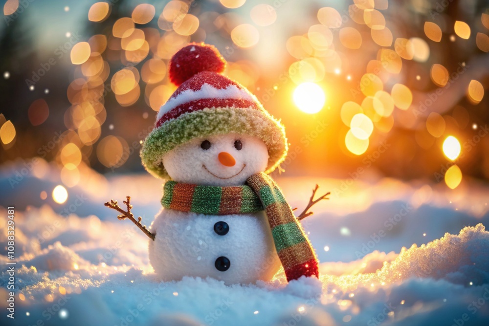 A snowman with a blue hat and scarf is sitting in the snow