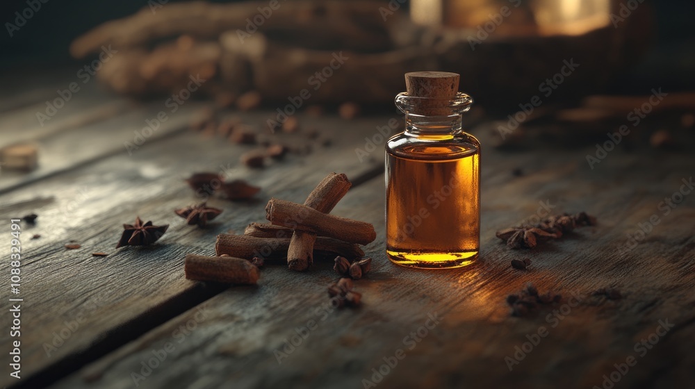 Cloves and a corked oil bottle beautifully arranged on a rustic wooden surface, with a warm, inviting atmosphere and soft, selective focus highlights. Cloves and a corked oil bottle beautifully arranged on a rustic wooden surface, with a warm, inviting atmosphere and soft, selective focus highlights.
