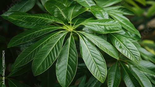 Close-up of lush green Schefflera leaves highlighting the unique palmate structure and intricate vein patterns for an eye-catching plant detail.