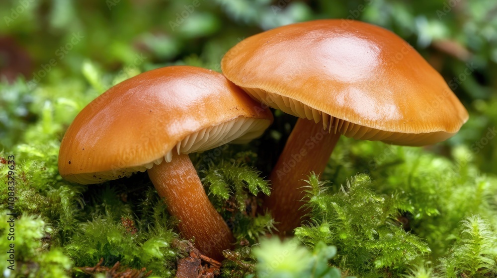 Close-up of two glossy brown mushrooms growing together amidst vibrant green moss with intricate textures and soft lighting. Close-up of two glossy brown mushrooms growing together amidst vibrant green moss with intricate textures and soft lighting.