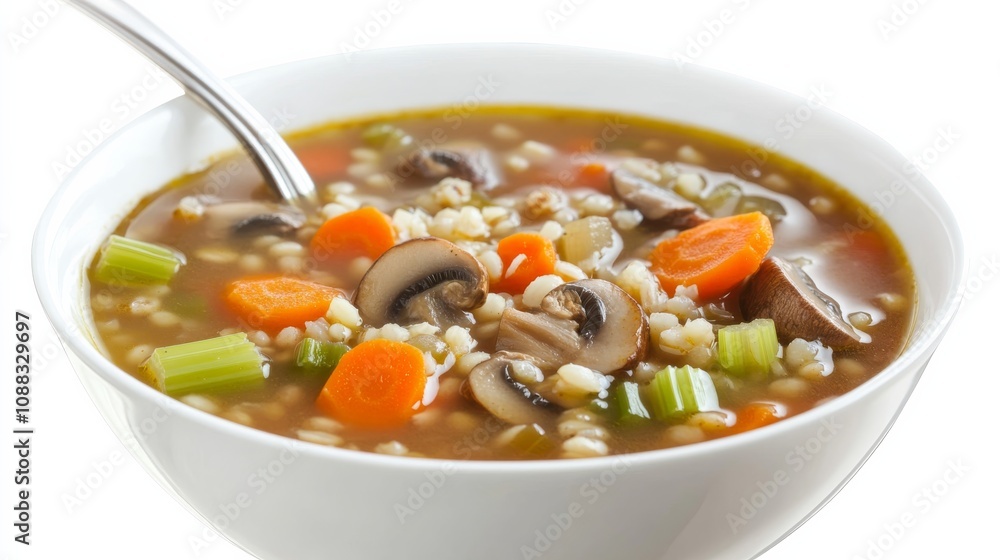 A bowl of hearty vegetable barley soup with carrots, celery, mushrooms A bowl of hearty vegetable barley soup with carrots, celery, mushrooms