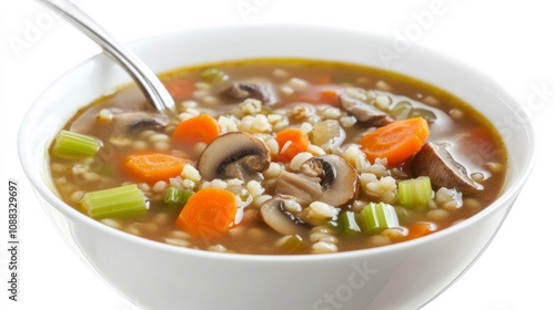 A bowl of hearty vegetable barley soup with carrots, celery, mushrooms