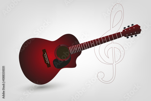 Red acoustical guitar icon on white background, with six strings on it