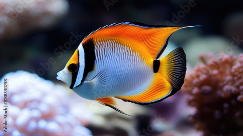 Beautiful Colorful Butterflyfish Swimming Gracefully Through Vibrant Coral Reef Surrounded by Soft Corals and Oceanic Background