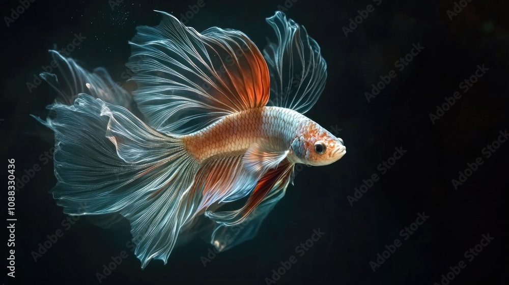 Fototapeta premium Vibrant Siamese fighting fish showcasing an exquisite flowing silk tail, elegantly illuminated against a contrasting dark backdrop.