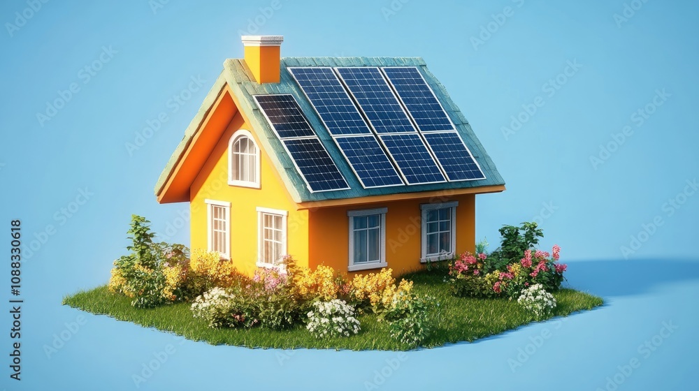 Bright yellow house surrounded by lush gardens, featuring solar panels on the roof under a clear blue sky, symbolizing sustainable energy and eco-friendly living. Bright yellow house surrounded by lush gardens, featuring solar panels on the roof under a clear blue sky, symbolizing sustainable energy and eco-friendly living.