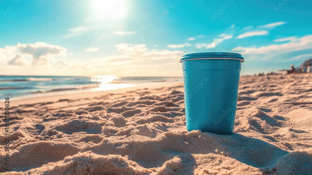 Blue Cooler Resting on Sunlit Sandy Beach with Ocean and Clear Sky in the Background Blue Cooler Resting on Sunlit Sandy Beach with Ocean and Clear Sky in the Background