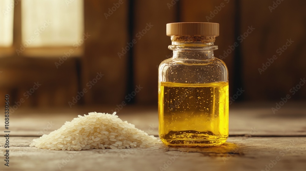 Bottle of rice bran oil next to a mound of unmilled rice on a rustic wooden surface, showcasing the oil's golden hue and texture. Bottle of rice bran oil next to a mound of unmilled rice on a rustic wooden surface, showcasing the oil's golden hue and texture.
