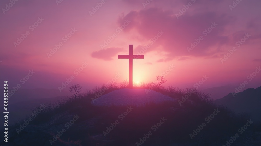 Dramatic sunrise illuminating a silhouetted cross atop a hill, symbolizing resurrection and divine rebirth, perfect for Easter-themed visuals. Dramatic sunrise illuminating a silhouetted cross atop a hill, symbolizing resurrection and divine rebirth, perfect for Easter-themed visuals.