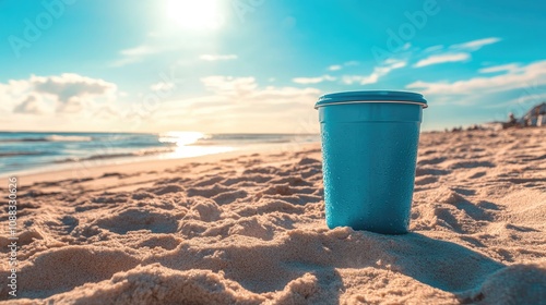 Blue Cooler Resting on Sunlit Sandy Beach with Ocean and Clear Sky in the Background