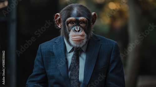 Chimpanzee Dressed in a Tailored Suit Posing in an Outdoor Setting for a Unique Executive Portrait. Serious Expression Enhances Professional Vibe.