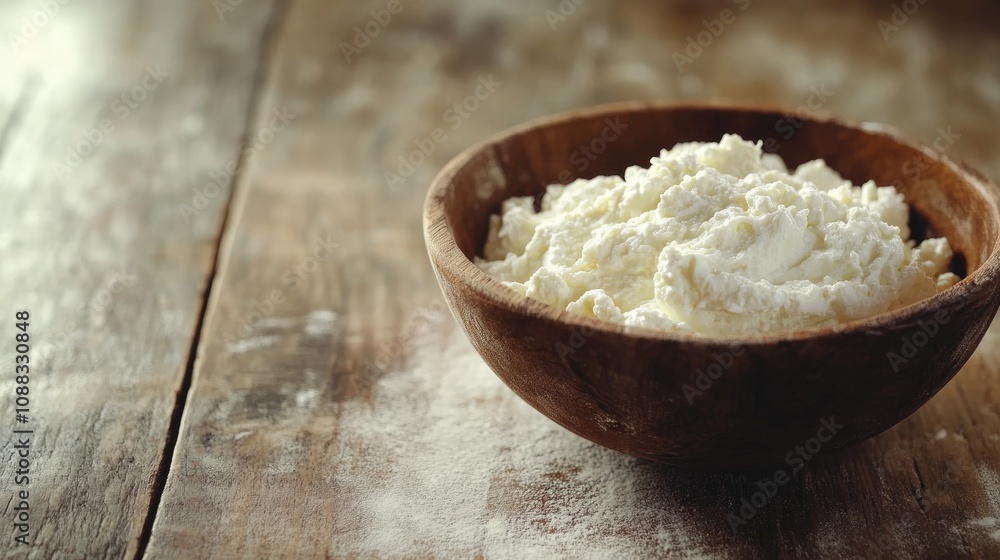 Fresh ricotta cheese in a rustic wooden bowl atop a weathered wooden table, showcasing creamy texture and natural tones. Fresh ricotta cheese in a rustic wooden bowl atop a weathered wooden table, showcasing creamy texture and natural tones.