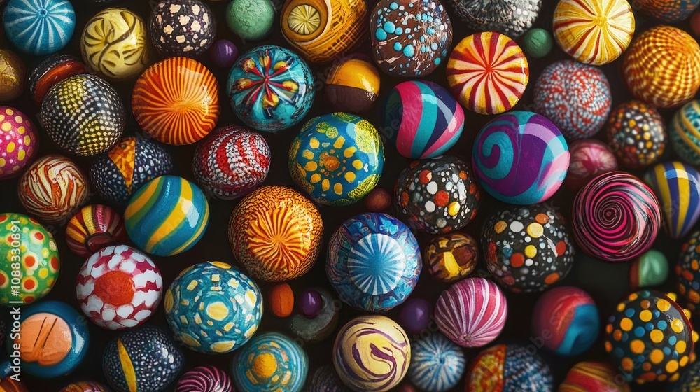 Vibrant collection of round candies and lollipops displaying intricate patterns and bright colors arranged against a dark background. Vibrant collection of round candies and lollipops displaying intricate patterns and bright colors arranged against a dark background.