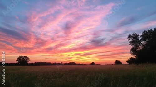 Serene evening sky showcasing a vibrant pink and orange sunset with wispy cirrus clouds above a tranquil field.