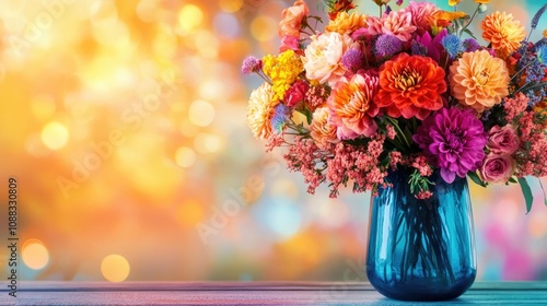 A blue glass vase brimming with a colorful mix of flowers including marigolds, dahlias, and asters, set against a softly blurred background of warm, radiant hues.