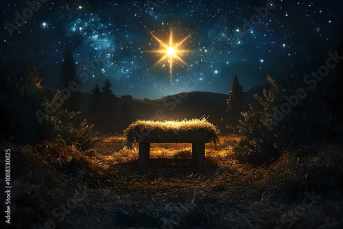 An empty manger and a bright star with backdrop of Christmas