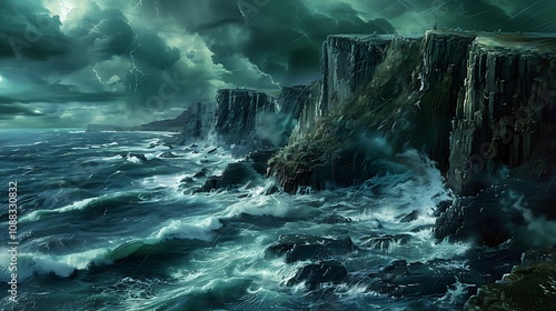 A rugged coastline with crashing waves and rocky cliffs, under a stormy sky.