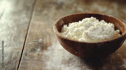 Fresh ricotta cheese in a rustic wooden bowl atop a weathered wooden table, showcasing creamy texture and natural tones.